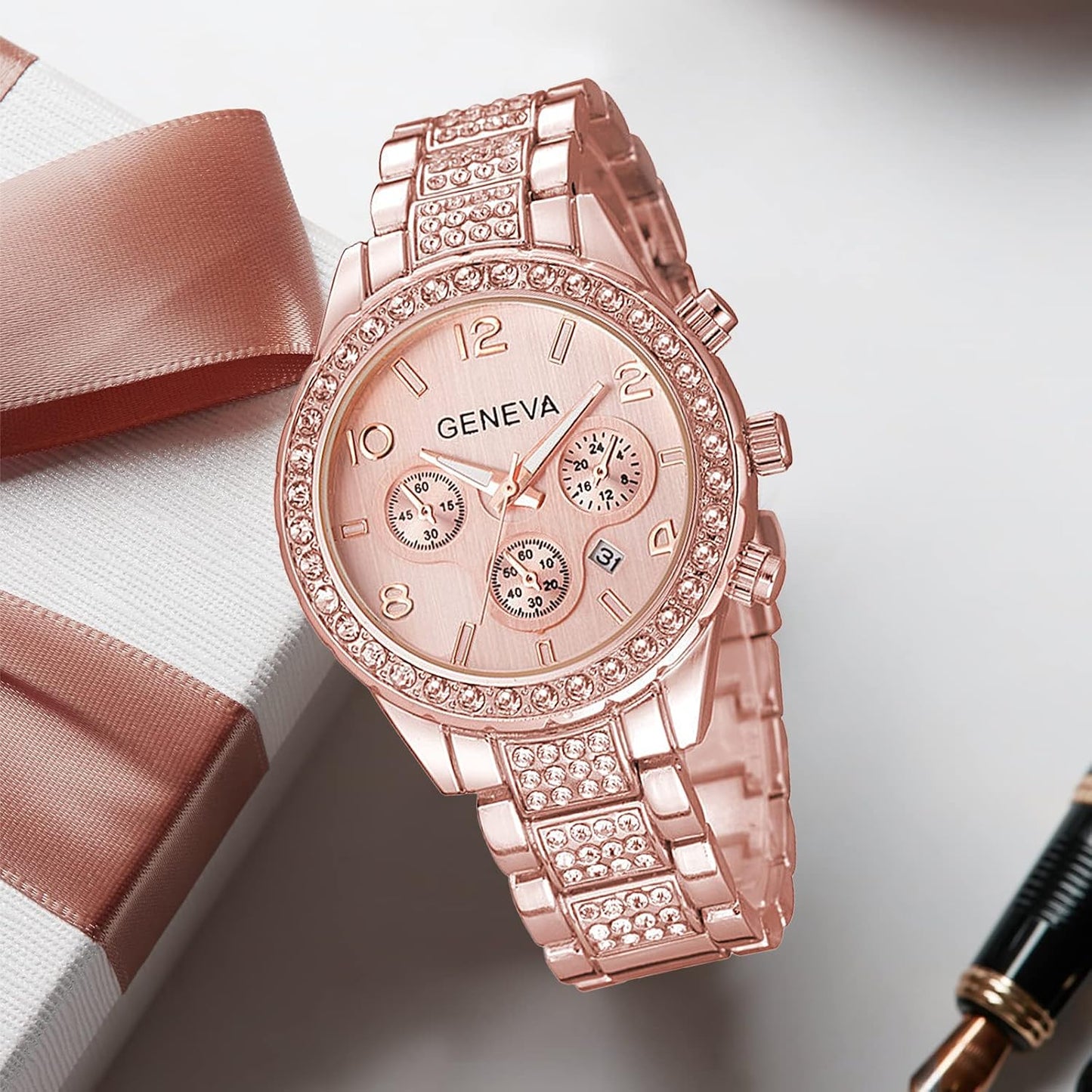 Crystal Zarcon Diamond Bezel Chronograph Watch(Rose Gold)