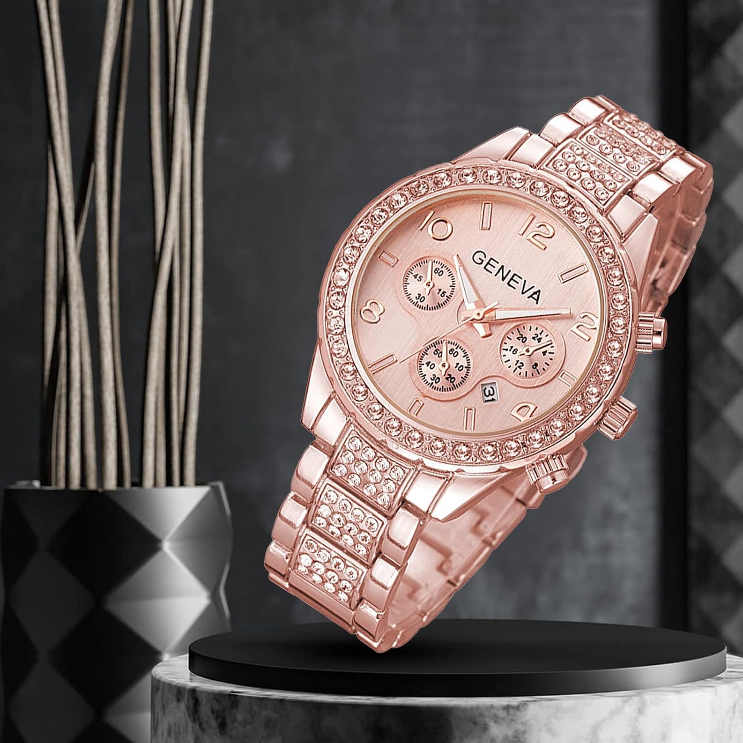 Crystal Zarcon Diamond Bezel Chronograph Watch(Rose Gold)