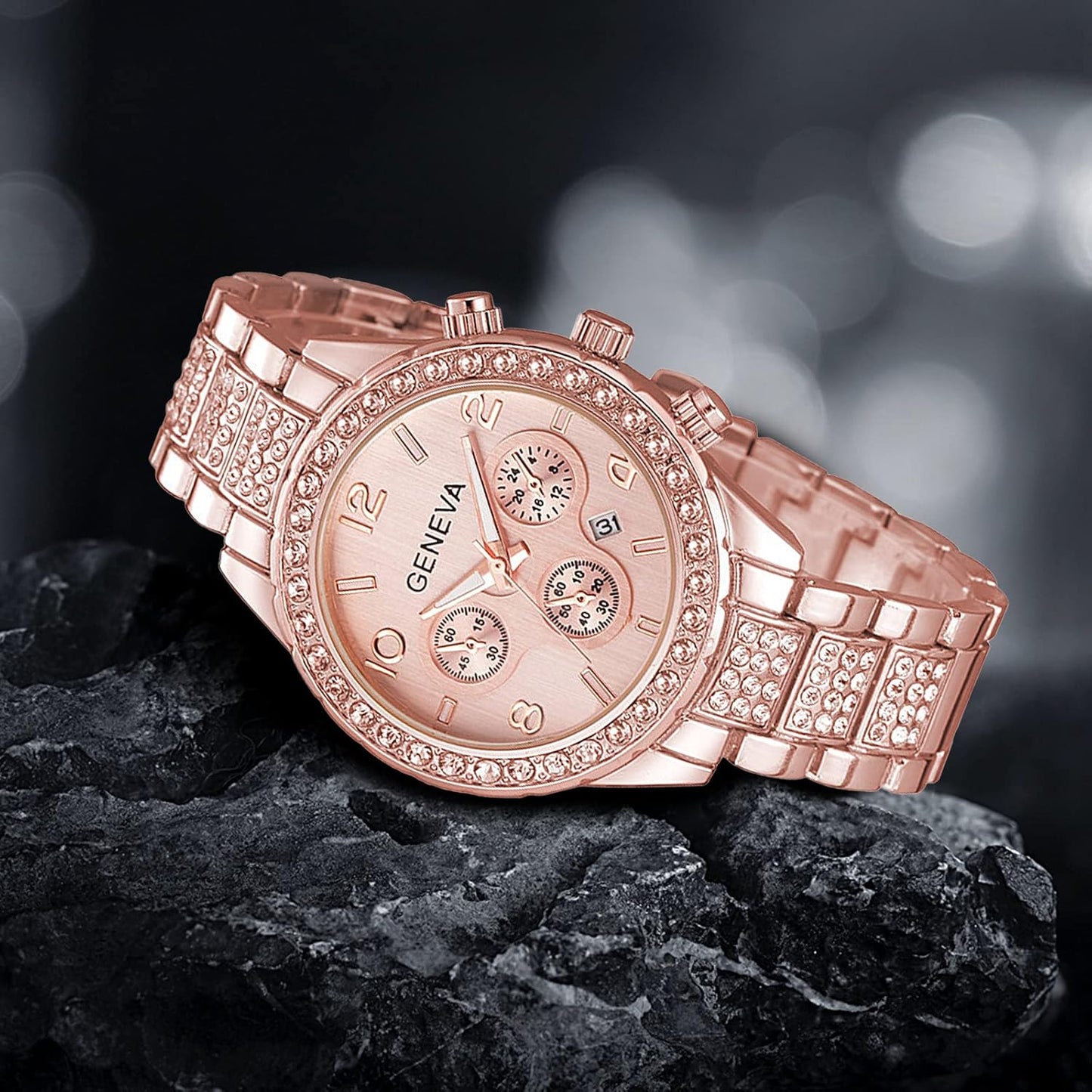 Crystal Zarcon Diamond Bezel Chronograph Watch(Rose Gold)