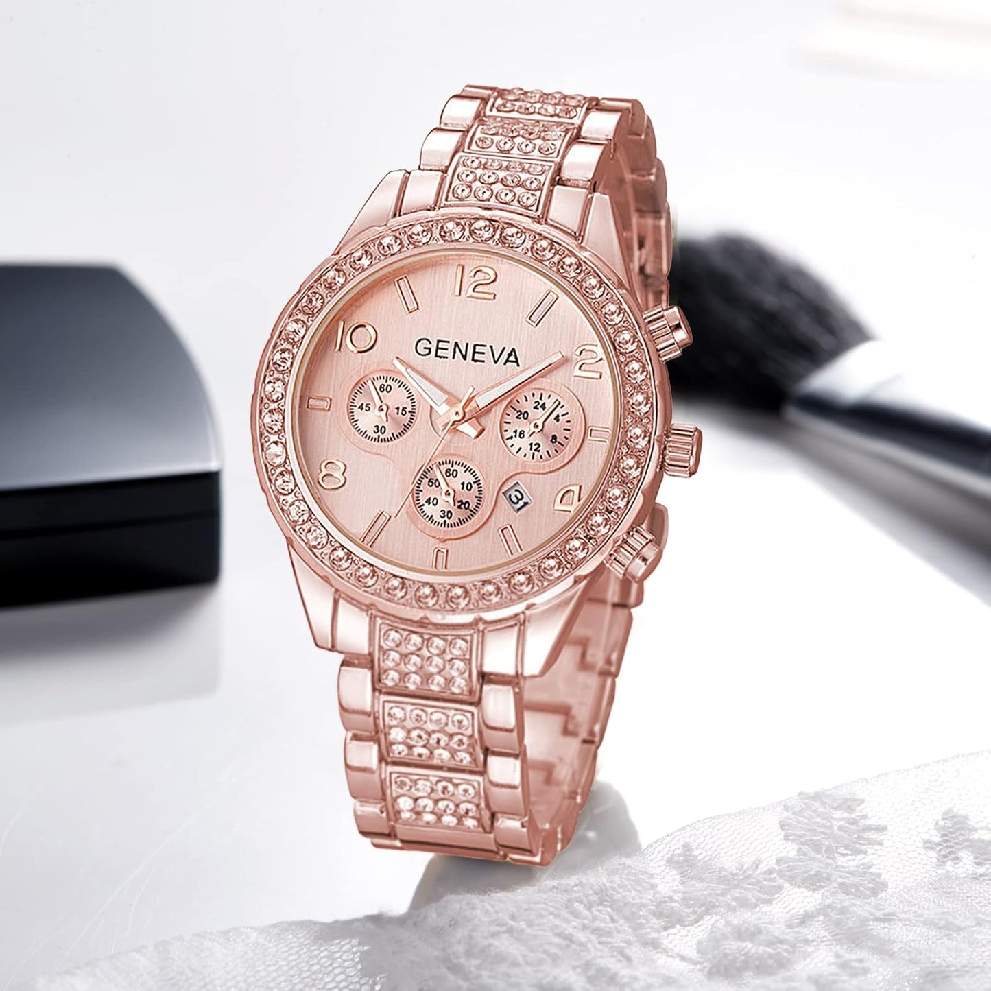 Crystal Zarcon Diamond Bezel Chronograph Watch(Rose Gold)