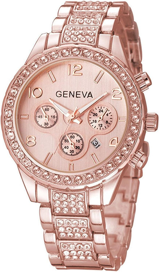 Crystal Zarcon Diamond Bezel Chronograph Watch(Rose Gold)