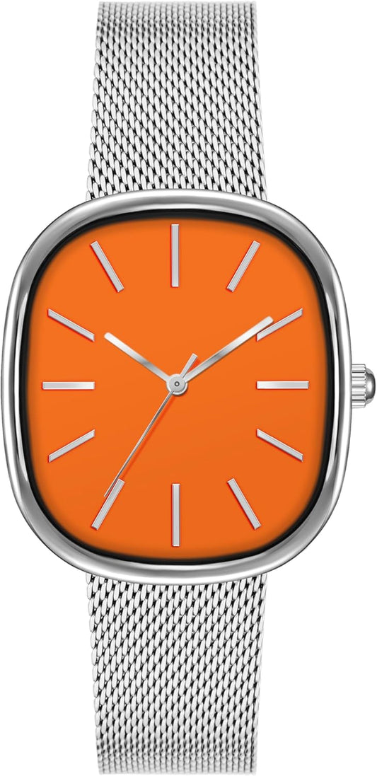 Orange Stainless Steel Mesh Bracelet Minimalist Watch 
