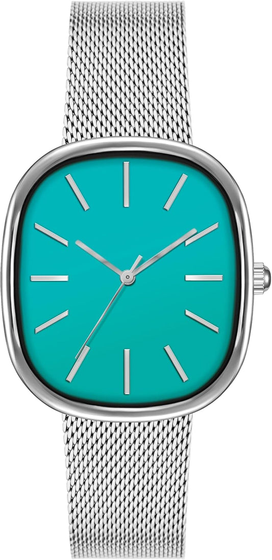 Aqua Blue Stainless Steel Mesh Bracelet Minimalist Watch 